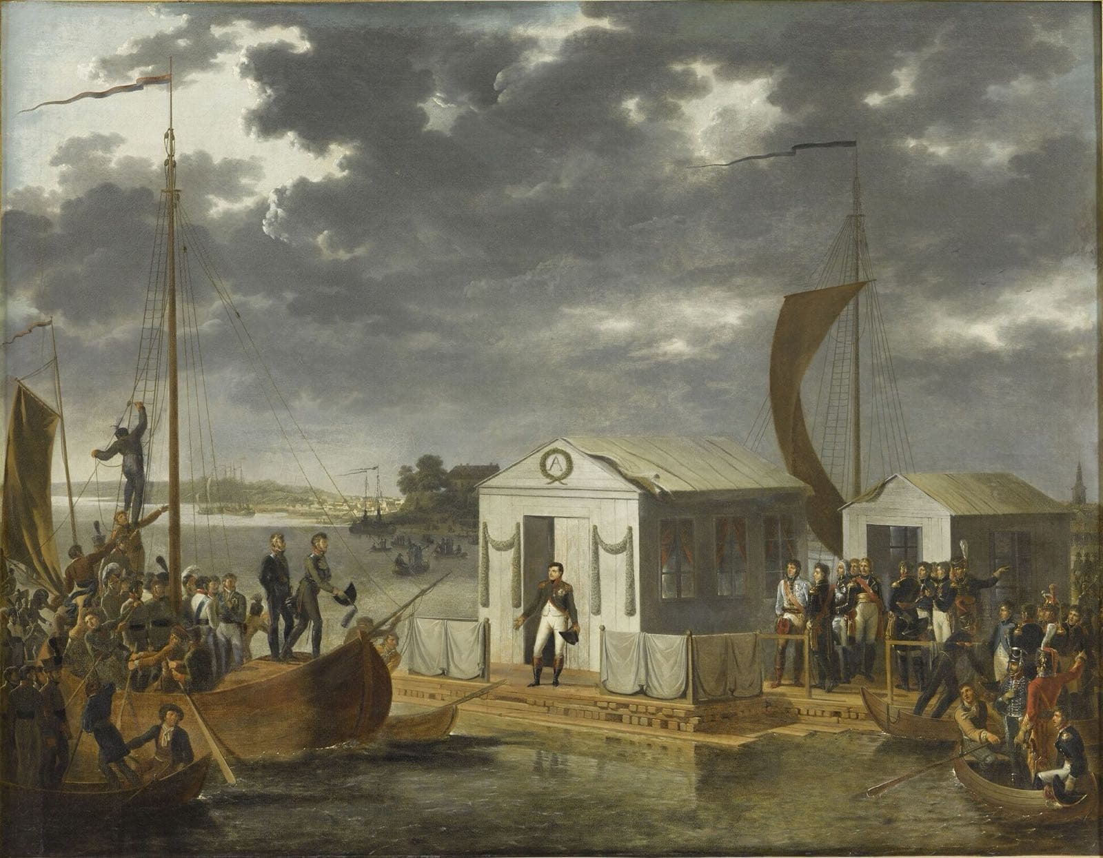 Floß mit zwei weißen Pavillons auf einem Fluss, umringt von Booten mit Soldaten und Gefolge